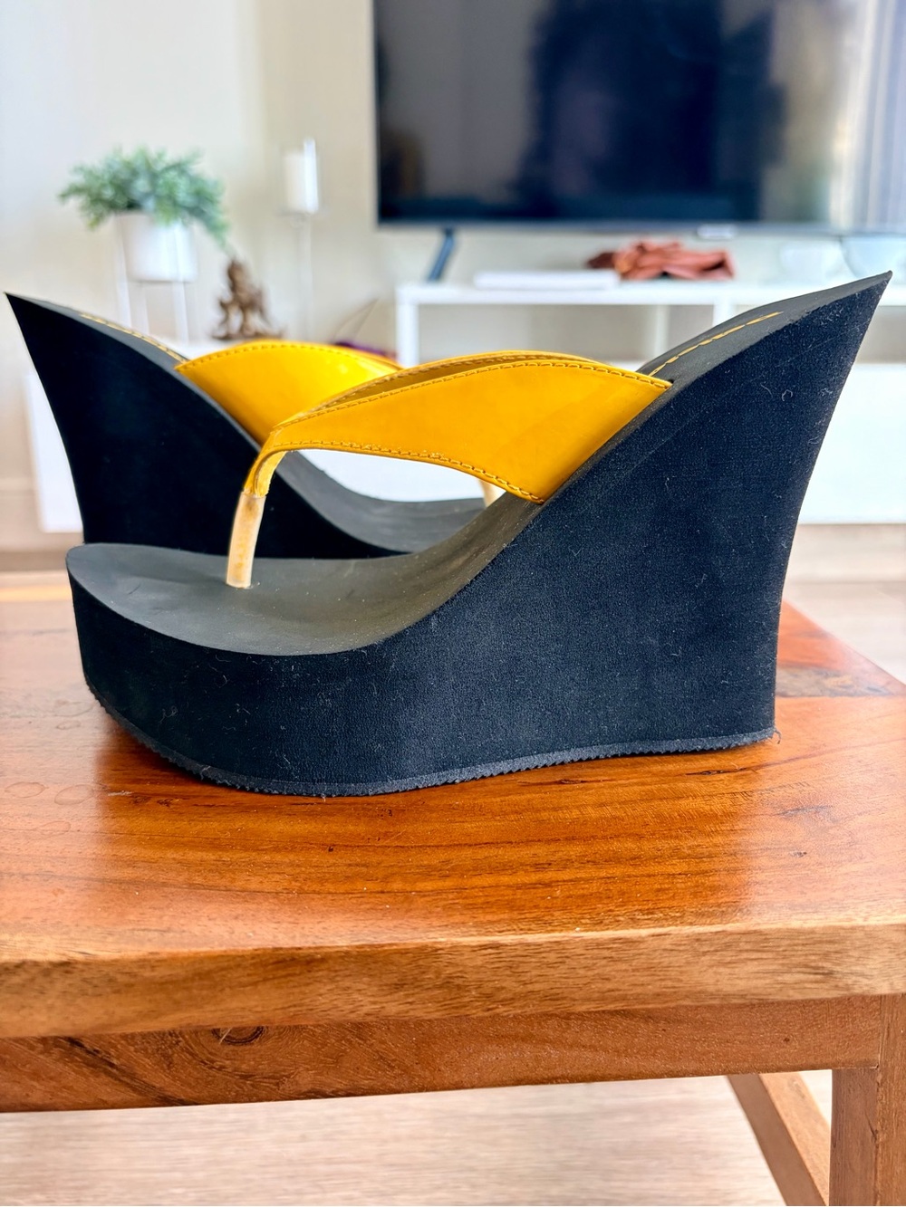 Delicious Yellow and Black Wedge Thong Sandals